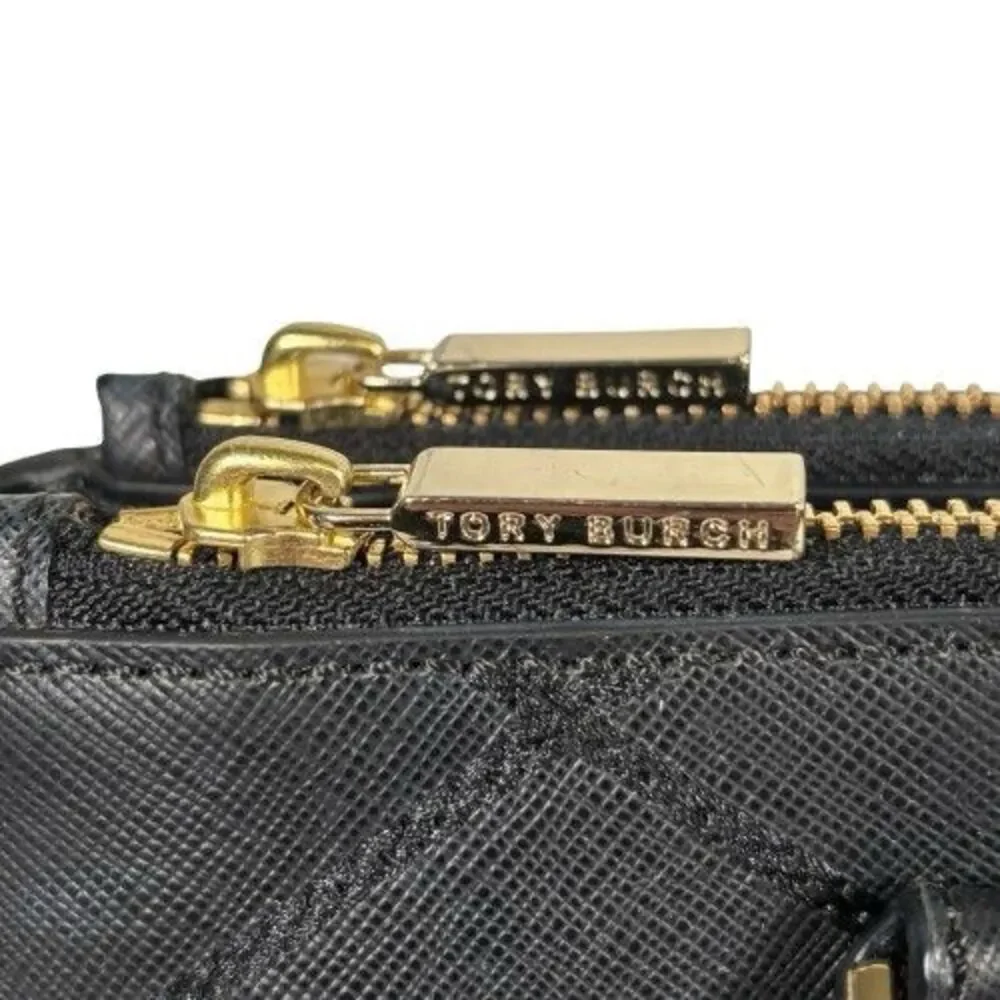Tory Burch Robinson Black Wild Stitch Leather Double Zip Tote Shoulder Bag Purse